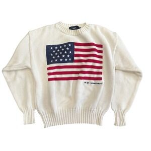BMW Lifestyle Roadster American Flag Cotton Knit Sweater Cream Womens Small
